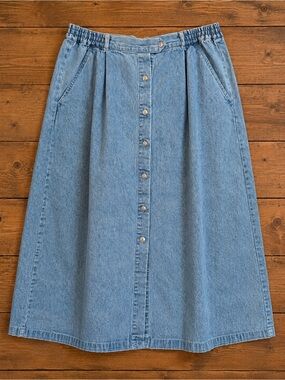 Vintage Tabi International Denim Midi Skirt Size 14 Button Front A-Line Pockets